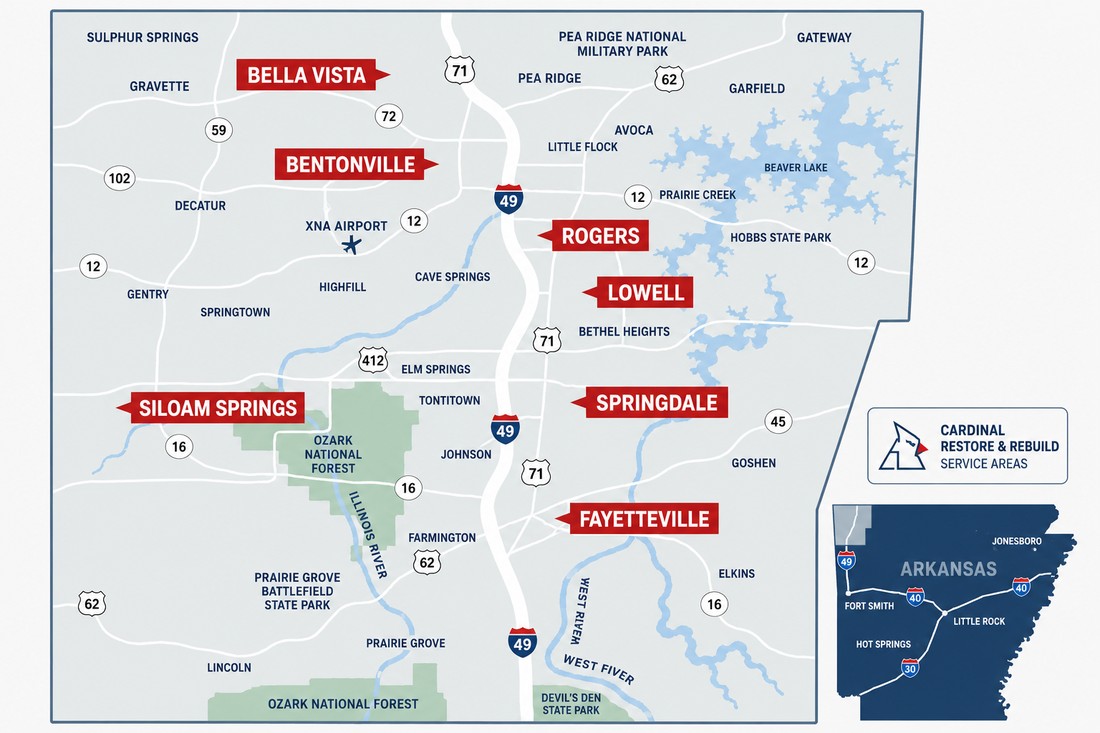 Map of Cardinal Restore & Rebuild's Northwest Arkansas service area covering Bentonville, Rogers, Lowell, Springdale, Fayetteville, Bella Vista, and Siloam Springs
